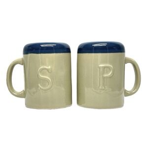 Vintage Ceramic Salt Pepper Shakers Raised Letters Blue Beige Farmhouse